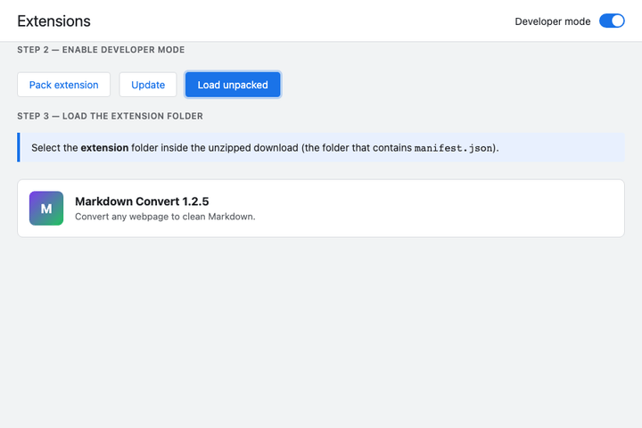 Chrome Extensions page highlighting Load unpacked button