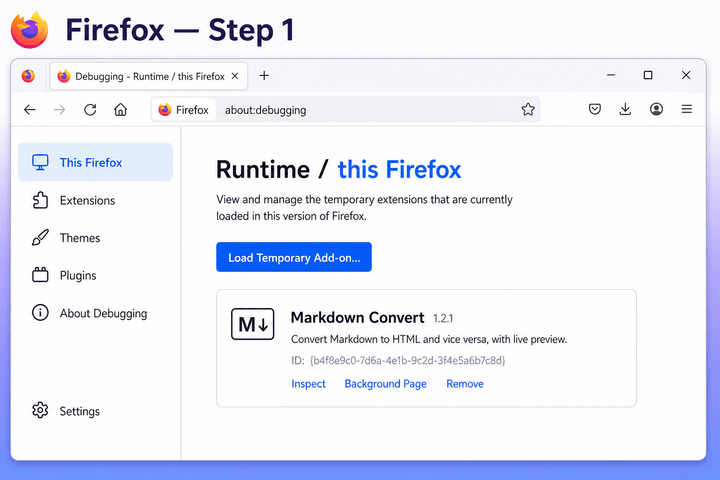 Firefox about:debugging page with Load Temporary Add-on button