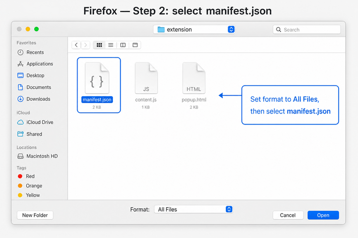 File picker with All Files format and manifest.json selected