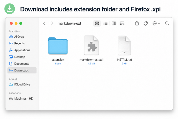 Unzipped markdown-ext folder with chrome-extension folder highlighted