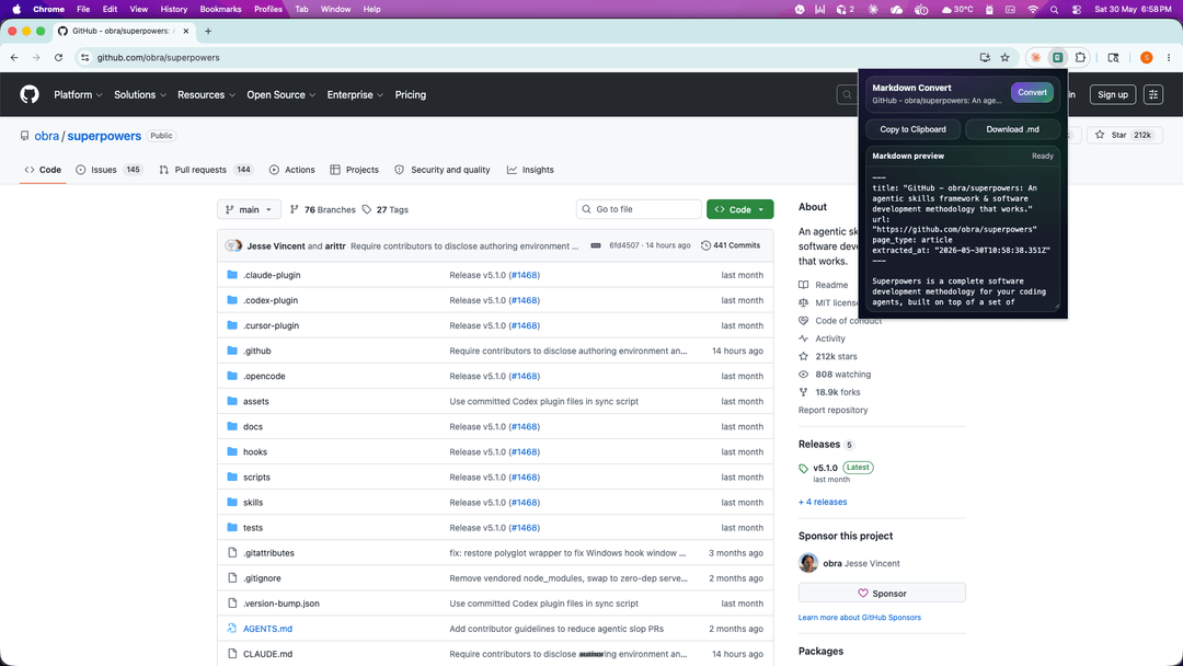 Markdown Convert on a GitHub repository page with the popup showing converted Markdown and YAML header.