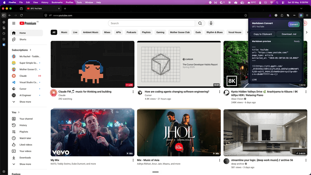 Markdown Convert open over a YouTube page, showing generated Markdown with title, URL, and page-type header ready to copy or download.